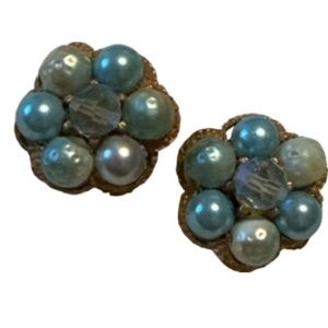 Vintage Elegant Blue Gold Pearl Cluster clip-on Earrings